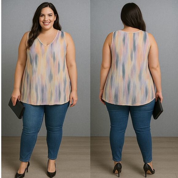 Torrid 3X Georgette Watercolor V-Neck Tank Blouse Raw Edge Sleeveless Top - Picture 1 of 12